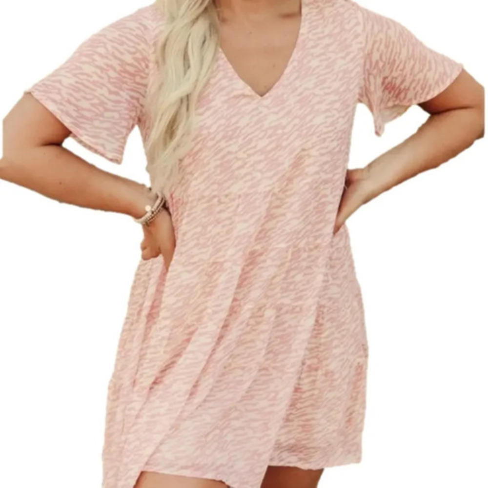 Bae Vely Pink Zebra Animal Print Tiered Babydoll Short Sleeve dress Women’s sz S